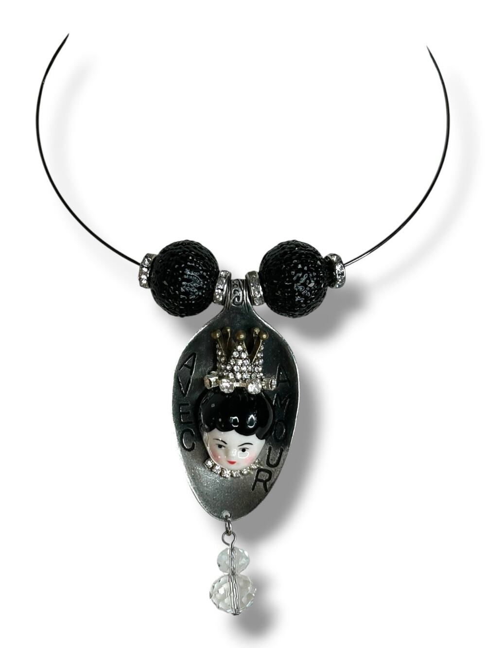 Spoon Necklace Porcelain Doll Head Rhinestone Crown Avec Amour Assemblage Choker